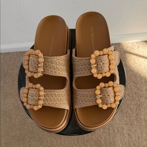 BCBGeneration Bexxi Woven Platform Sandals with Natural Beaded Buckles Boho